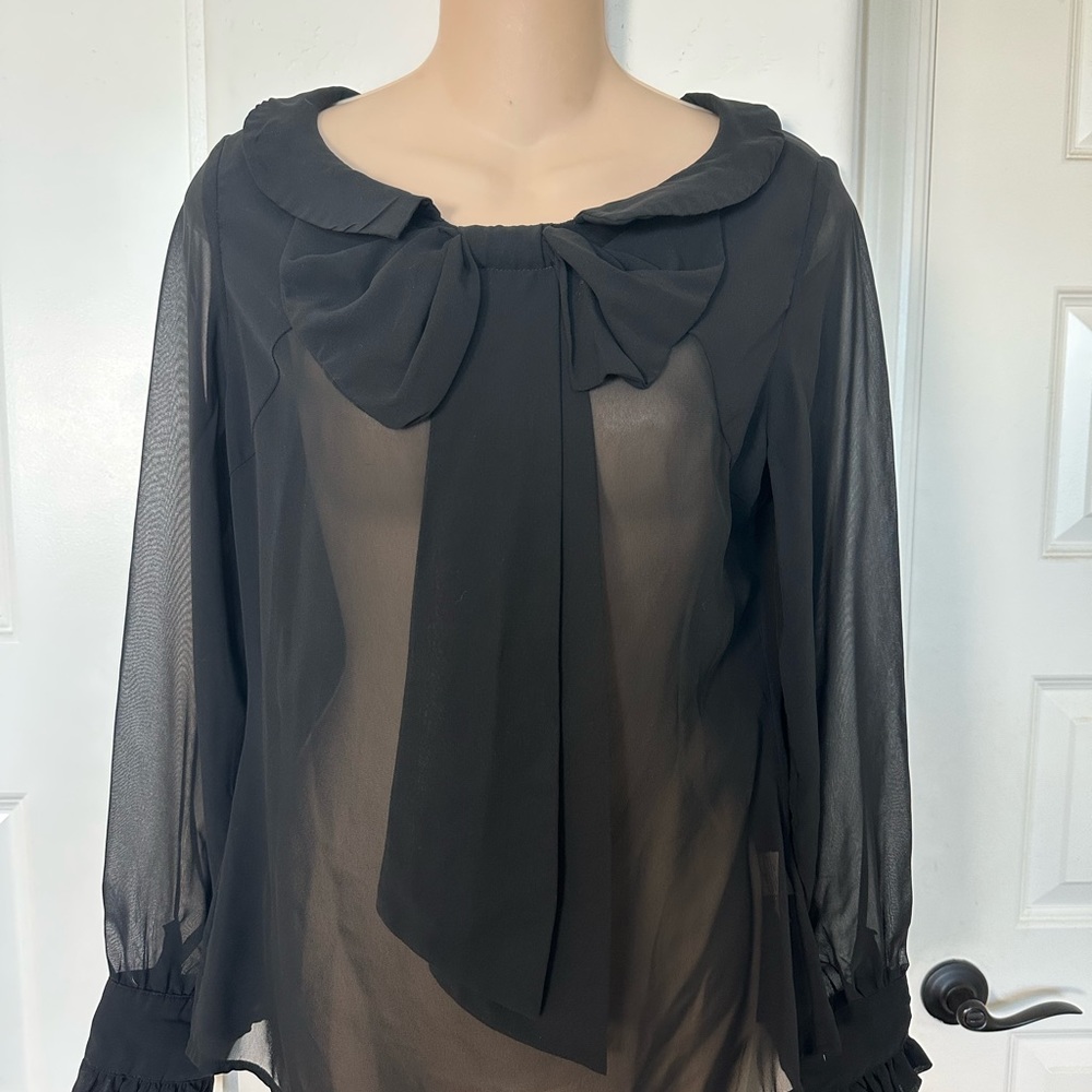 Tulle Anthropologie Medium Black Sheer blouse with draped bow and heart buttons.